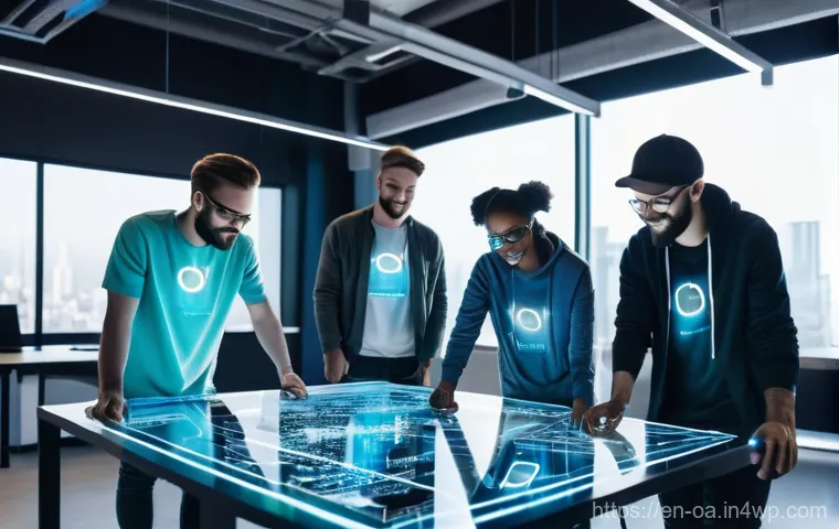 웹 컴포넌트와 스타일 가이드 작성 - **Prompt:** A dynamic, wide-angle shot of a diverse team of young adult and adult developers and des...