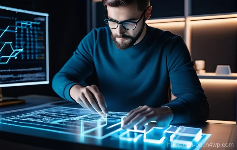 웹 컴포넌트의 재사용성 높이는 방법 - **Prompt:** A dynamic, brightly lit futuristic developer workspace. A male software engineer, dresse...