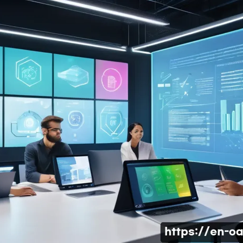 웹 컴포넌트와 플러그인 시스템 설계 - A futuristic software development workspace showing a diverse team collaborating around a large tran...