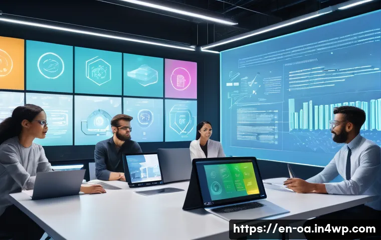 웹 컴포넌트와 플러그인 시스템 설계 - A futuristic software development workspace showing a diverse team collaborating around a large tran...
