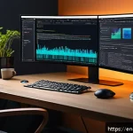 Home 23 웹 컴포넌트에서의 데이터 바인딩 이해 - A modern web developer workspace featuring a sleek desk with multiple high-resolution monitors displ...