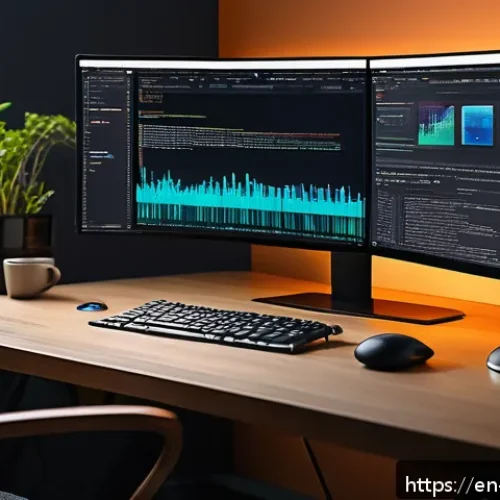Home 17 웹 컴포넌트에서의 데이터 바인딩 이해 - A modern web developer workspace featuring a sleek desk with multiple high-resolution monitors displ...